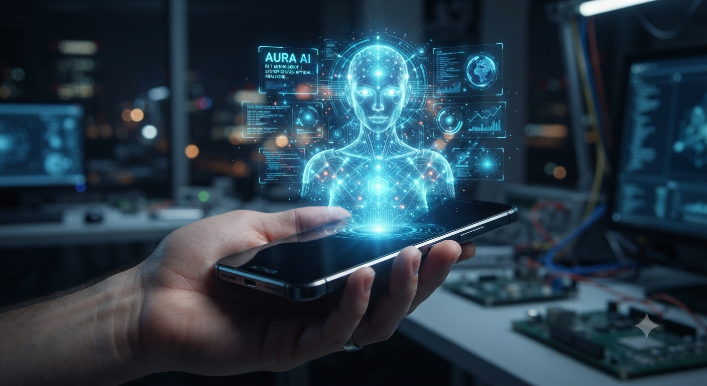 A hand holding a modern smartphone in a dimly lit tech laboratory. A glowing, futuristic agentic ai holographic avatar floats vertically above the screen, surrounded by complex digital interfaces, data charts, a world map display, and the text "AURA AI". In the blurred background, circuit boards and computer monitors showing data layouts are visible on workbenches.