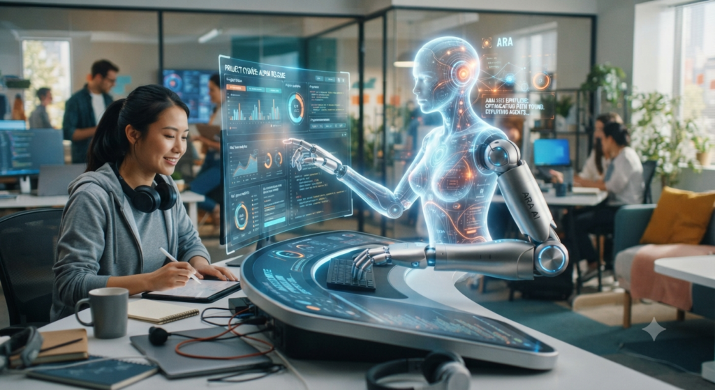 A woman with headphones resting around her neck sits at a modern office desk, smiling as she writes on a tablet. Across from her, a transparent holographic agentic ai
with a mechanical arm interacts with a floating blue digital dashboard filled with charts and analytics. The robot sits behind a curved, futuristic console integrated with a physical keyboard. In the background, a brightly lit, open-plan office space shows other coworkers working at desks.