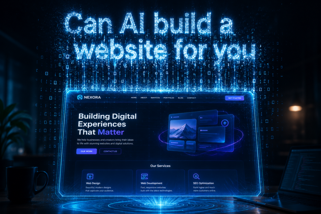 alt="a glowing, futuristic digital tablet displays a modern website layout while glowing blue matrix code and data streams rain down from the illuminated text "Can AI build a website for you" hovering above."