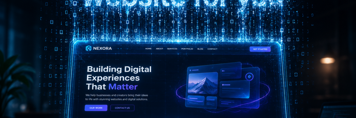 alt="a glowing, futuristic digital tablet displays a modern website layout while glowing blue matrix code and data streams rain down from the illuminated text "Can AI build a website for you" hovering above."