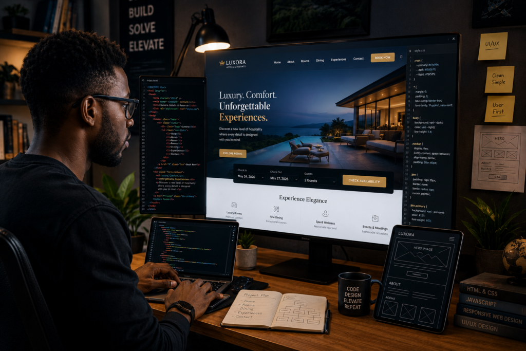 alt="a man with glasses sitting at a desk from a side profile, working on a laptop while surrounded by multiple screens displaying HTML/CSS code and a luxury hotel website design."
