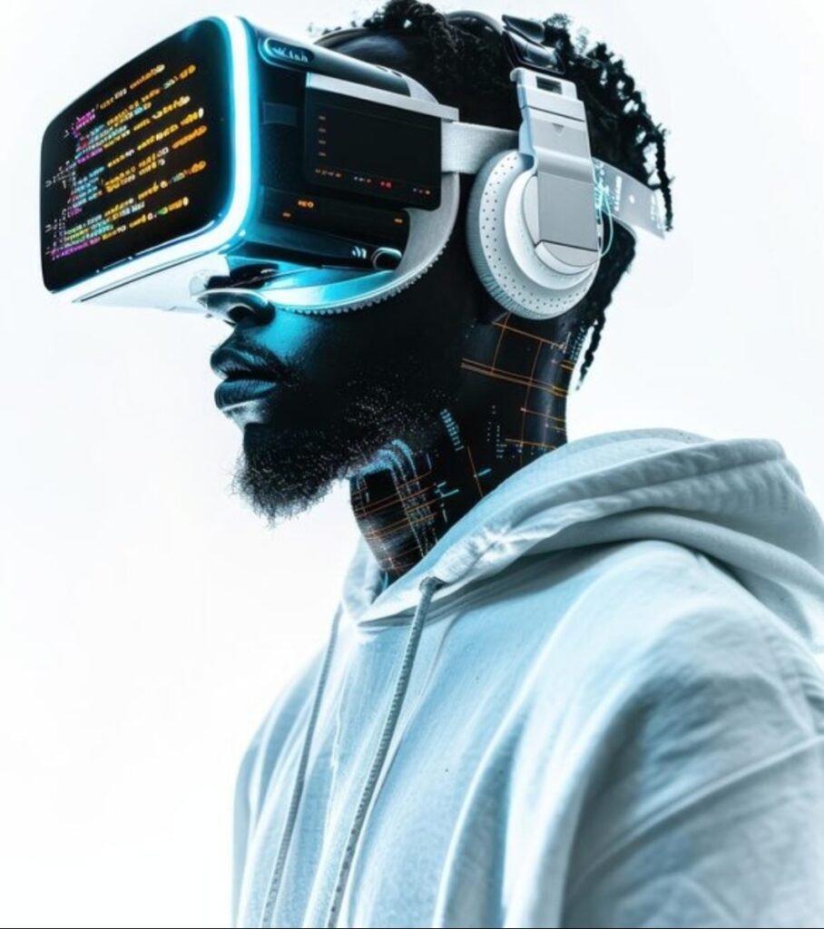 alt="Futuristic cyber tech conceptual art of a man wearing a VR headset displaying digital code text overlays and large white over-ear headphones"