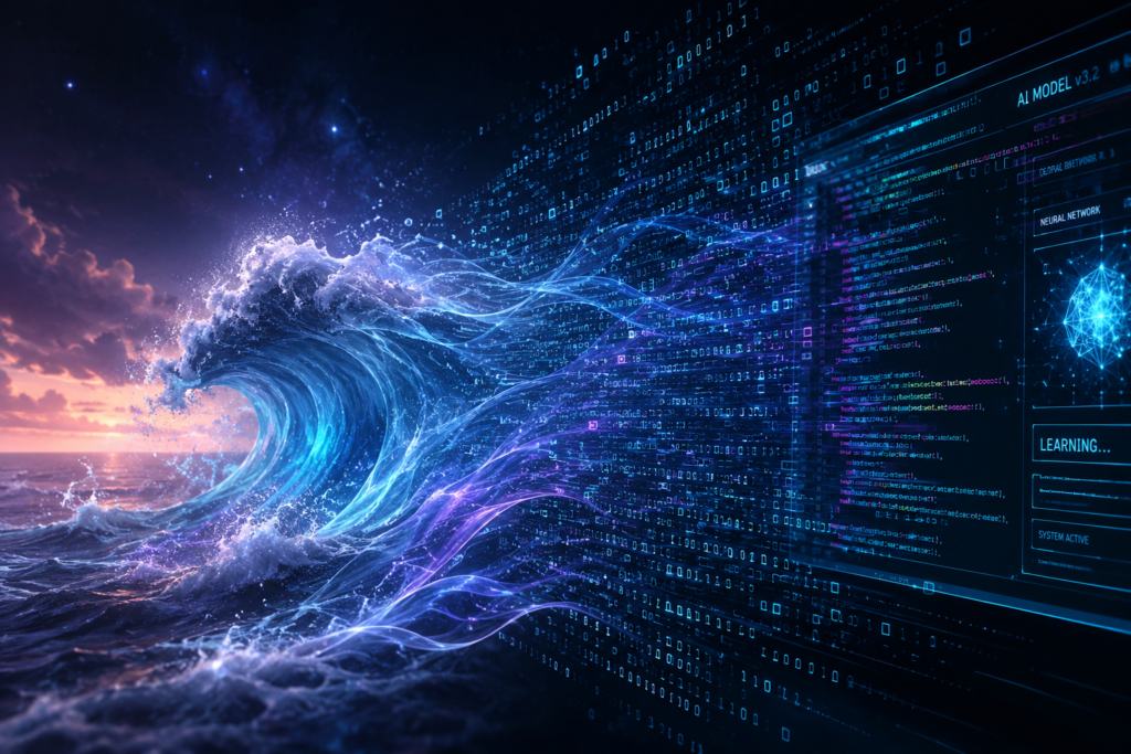 alt="a large, glowing ocean wave crashes against a dramatic sunset sky, transforming into a massive stream of digital data streams and glowing computer code that flows directly into a futuristic AI neural network interface on the right."