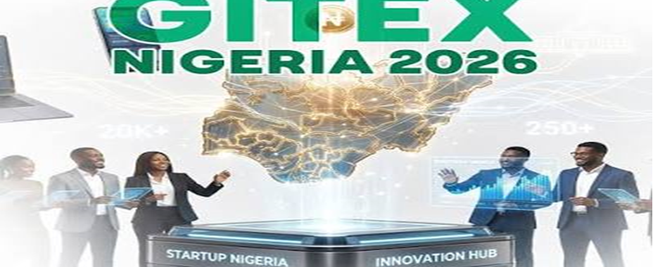 alt="GITEX Nigeria 2026 official tech expo event banner by Africa UX featuring a holographic map of Nigeria with business professionals at a Startup Nigeria Innovation Hub"