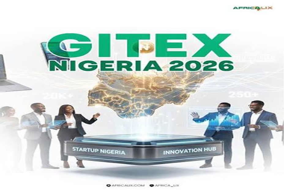 alt="GITEX Nigeria 2026 official tech expo event banner by Africa UX featuring a holographic map of Nigeria with business professionals at a Startup Nigeria Innovation Hub"