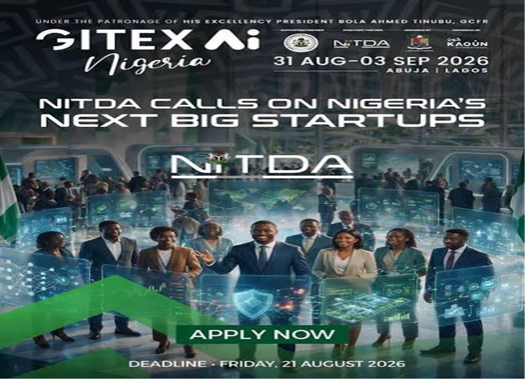 alt="GITEX AI Nigeria 2026 event poster by NITDA from August 31 to September 3 in Abuja and Lagos calling on startups to apply now"