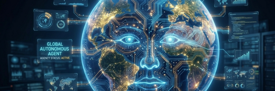 A futuristic digital visualization of a planet Earth globe integrated with a glowing agentic ai outlined in bright blue and orange circuit board patterns. Floating neon digital telemetry dashboards, data analytics charts, world maps, and performance graphs surround the globe. A prominent hud box on the left reads "GLOBAL AUTONOMOUS AGENT" with the status indicator "AGENCY STATUS: ACTIVE". The background shows a darkly lit network server room setup.
