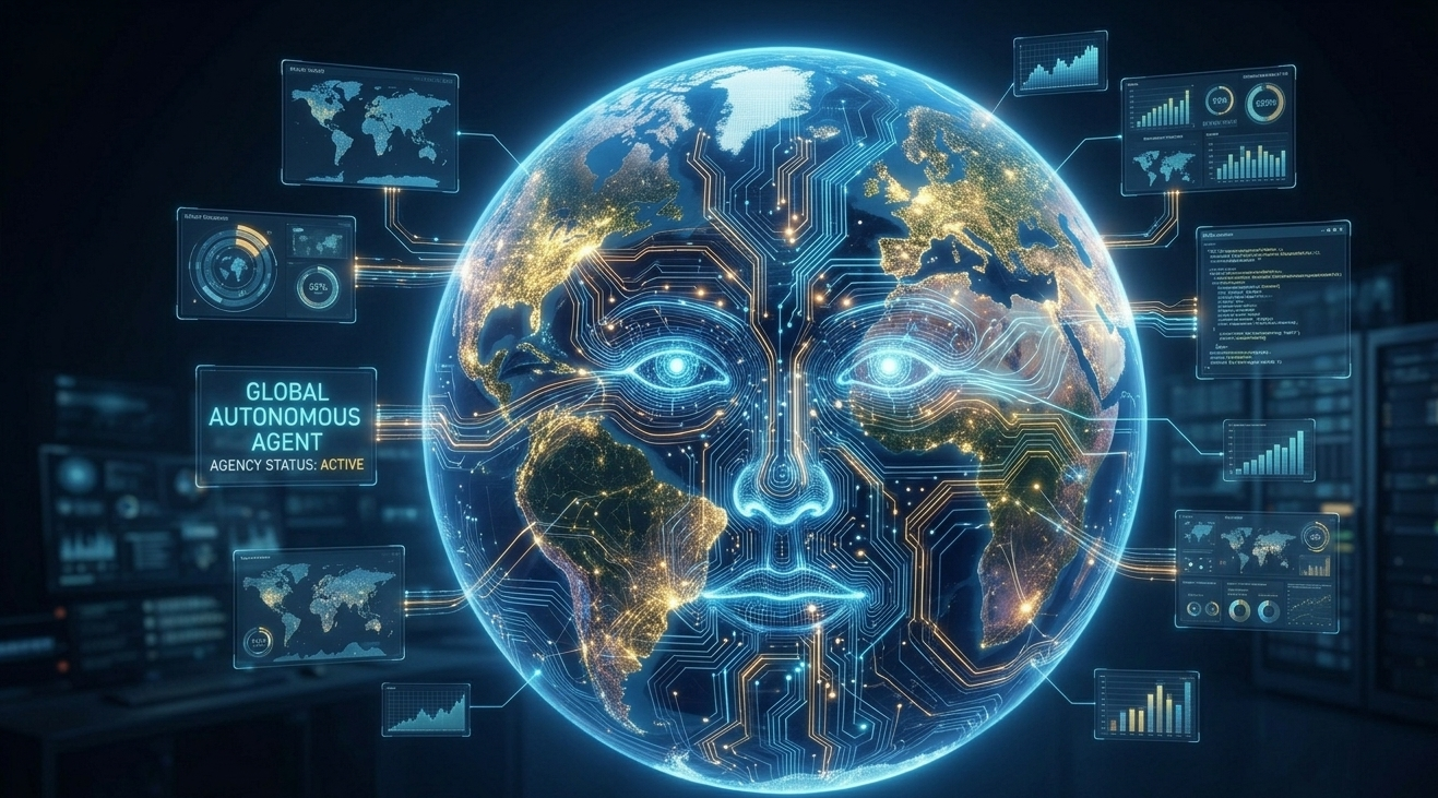 A futuristic digital visualization of a planet Earth globe integrated with a glowing agentic ai outlined in bright blue and orange circuit board patterns. Floating neon digital telemetry dashboards, data analytics charts, world maps, and performance graphs surround the globe. A prominent hud box on the left reads "GLOBAL AUTONOMOUS AGENT" with the status indicator "AGENCY STATUS: ACTIVE". The background shows a darkly lit network server room setup.