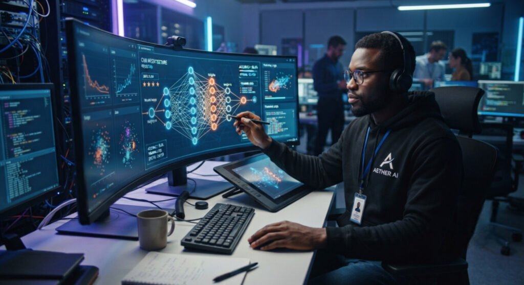A Black male tech professional wearing glasses, a headset, and a black hoodie with an "Aether AI" logo sits at a high-tech workstation. He is analyzing a neural network diagram, data visualizations, and code charts displayed on a large, curved widescreen monitor, using a stylus on a graphics tablet. The background shows a server room setting with blue and purple neon lighting and other coworkers.