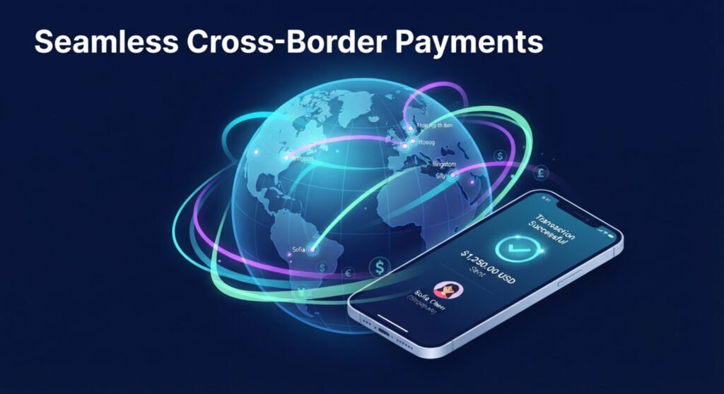 An isometric 3D graphic showing a smartphone displaying a "Transaction Successful" message for $1,250.00 USD. Bright, glowing neon lines encircle a digital globe in the background beneath the text "Seamless Cross-Border Payments".