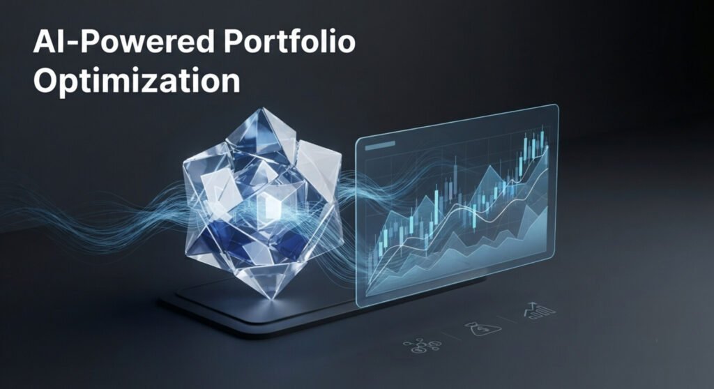 A modern tech graphic featuring a glowing, transparent geometric crystal structure next to a floating glass digital display showing rising financial stock charts. The text "AI-Powered Portfolio Optimization" is displayed in the upper left corner.