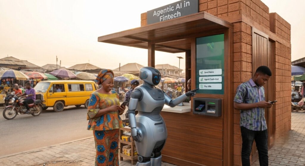 A silver humanoid robot interacting with a modern wooden financial kiosk labeled "Agentic AI in Fintech" at a busy outdoor street market in Nigeria. A woman in traditional African attire stands smiling next to the robot holding a phone, while a young man checks his phone nearby against a background of market stalls and a yellow transport bus.