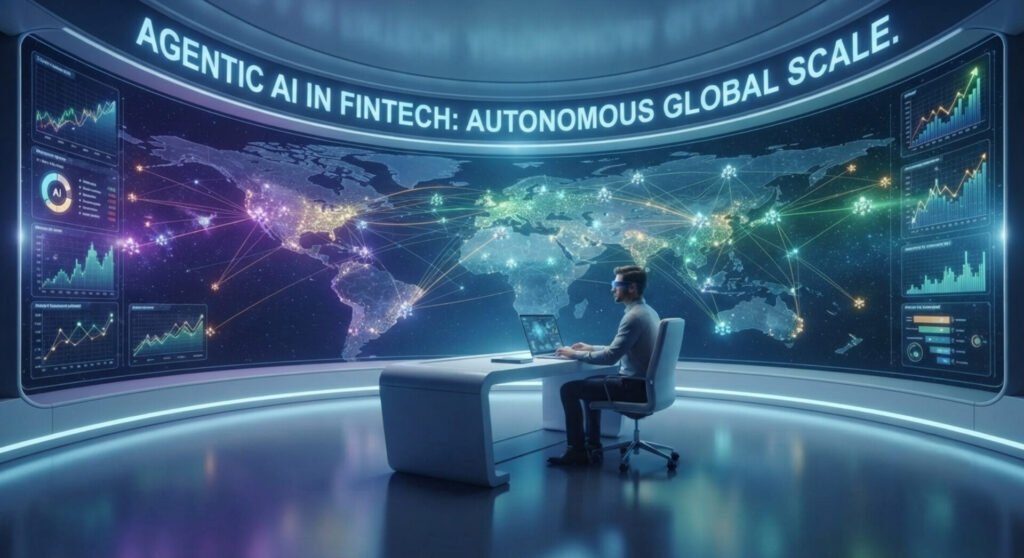 A professional working at a sleek white desk with a laptop inside a futuristic control room. The wall is a massive, curved digital screen showing a glowing global map with interconnected data lines and financial charts, under the heading "AGENTIC AI IN FINTECH: AUTONOMOUS GLOBAL SCALE."