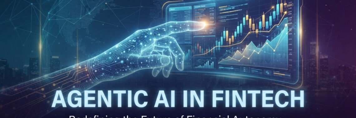 A digital illustration featuring a glowing, robotic wireframe hand pointing toward a curved glass screen filled with rising stock market graphs and charts. The text reads "AGENTIC AI IN FINTECH: Redefining the Future of Financial Autonomy."