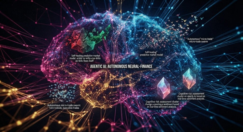 A vibrant digital visualization of a human brain formed by glowing neural networks, nodes, and particle swarms. Floating tech diagrams and crystal icons highlight key terms like "Self-healing predictive market model" and "Cognitive risk assessment", centered by the text "AGENTIC AI: AUTONOMOUS NEURAL-FINANCE".