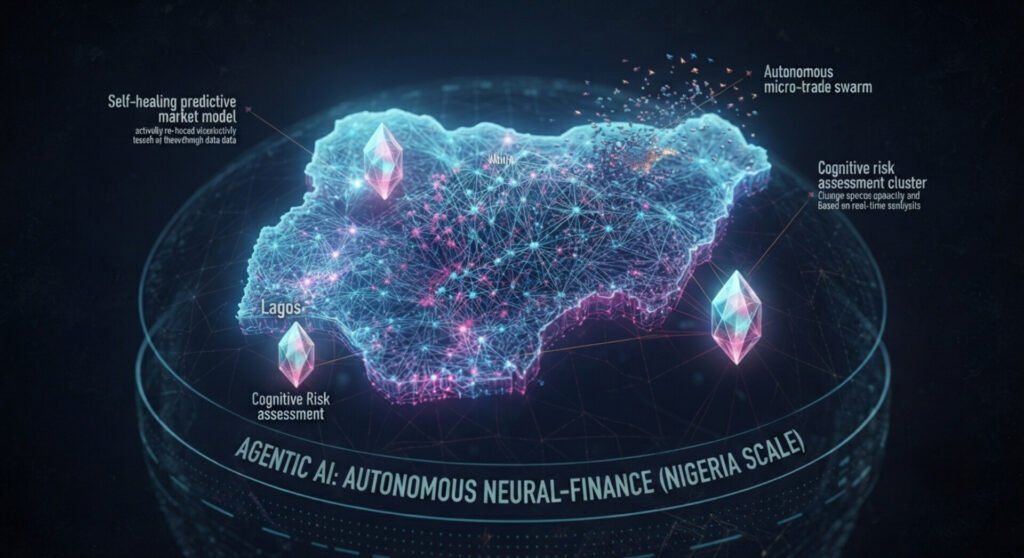 A glowing, high-tech map of Nigeria made of light-up neural data networks and nodes, floating above a dark circular platform. Glowing crystal icons pinpoint Lagos and Abuja alongside text that reads "AGENTIC AI: AUTONOMOUS NEURAL-FINANCE (NIGERIA SCALE)".