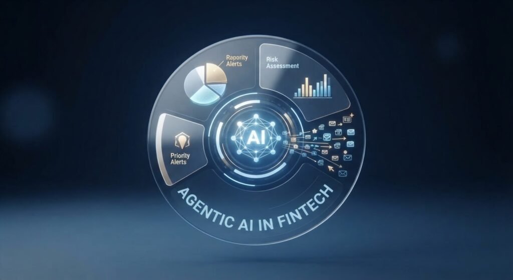 A circular, futuristic glass interface ring with an "AI" neural node symbol at its center. The outer dial segments display data metrics labeled "Rapority Alerts", "Risk Assessment", and "Priority Alerts", above the curved title "AGENTIC AI IN FINTECH".