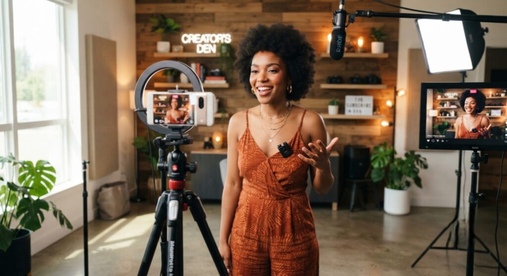 A smiling Black woman with an afro hairstyle stands in a brightly lit studio recording a video. She wears a terracotta-colored patterned jumpsuit, a clip-on lavalier microphone, and delicate gold necklaces. In front of her, a smartphone is mounted on a tripod inside a ring light, capturing her performance. A professional studio setup surrounds her, including a larger monitor displaying her live feed, a overhead boom microphone, and a softbox light. The background features a wooden accent wall with a neon sign that reads "CREATOR'S DEN".
