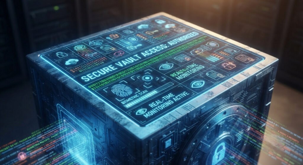 A close-up view of a metallic, high-tech security vault box. The top surface features a glowing blue interface displaying a biometric fingerprint scanner, binary code, security icons, and the prominent text "SECURE VAULT ACCESS: AUTHORIZED" and "REAL-TIME MONITORING ACTIVE".