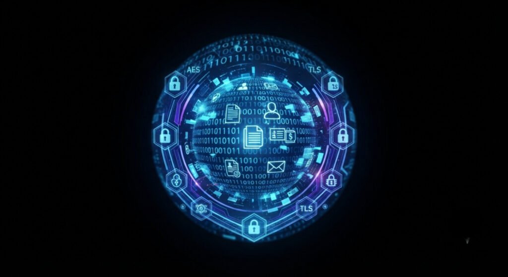 A glowing blue digital sphere against a solid black background, representing secure data transmission. The sphere is surrounded by floating padlock icons and labeled with cryptographic terms like "AES" and "TLS", while document, email, and currency icons circulate inside it amidst binary code streams.