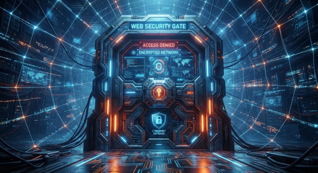 A massive, futuristic metallic bulkhead door acting as a digital gateway. The glowing orange and blue center panel reads "ACCESS DENIED" and "ENCRYPTED NETWORK" under a header that says "WEB SECURITY GATE", all set within an intricate web of fiber optic cables and data monitors.
