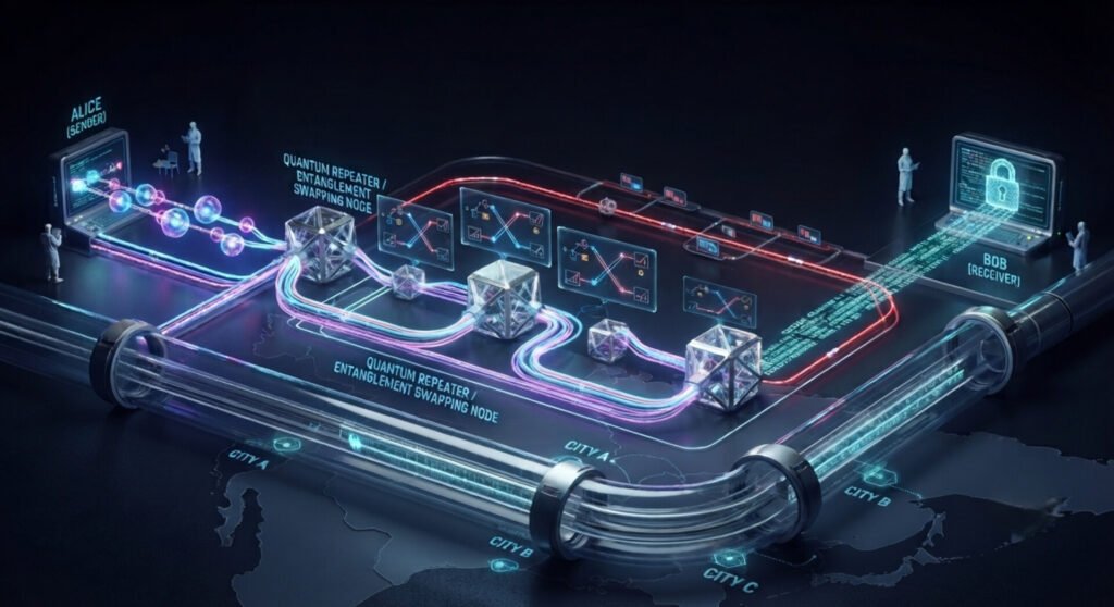 A detailed concept diagram illustrating a quantum cryptography network between "ALICE (SENDER)" and "BOB (RECEIVER)". Glowing pink and blue fiber pathways connect multiple "QUANTUM REPEATER / ENTANGLEMENT SWAPPING NODES" spanning across a dark map marked with City A, City B, and City C.