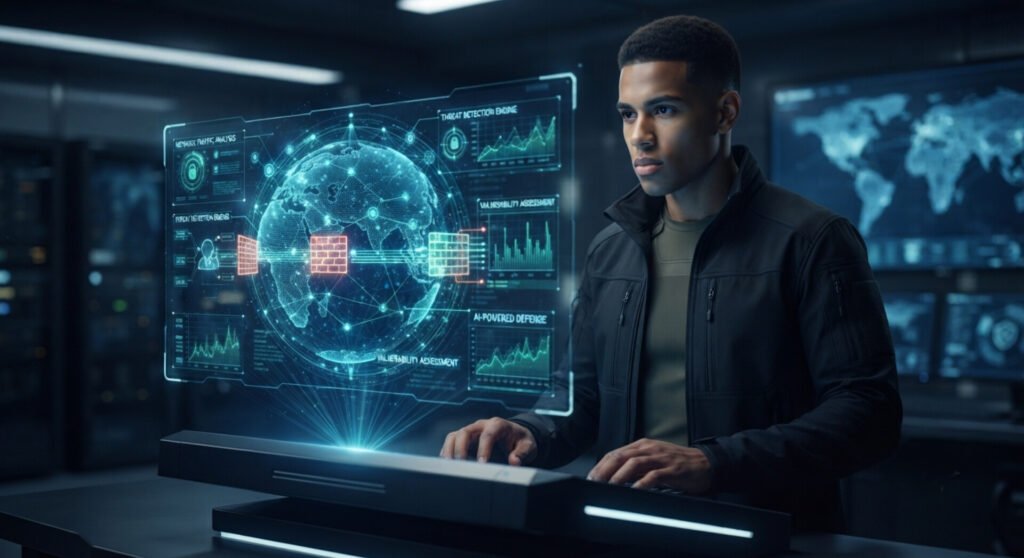 A cybersecurity analyst in a dark jacket sits at a console in a control room, intently operating an interactive, transparent holographic interface. The glowing green hologram displays a digital globe, network traffic maps, and analytical windows labeled "THREAT DETECTION ENGINE" and "AI-POWERED DEFENSE".