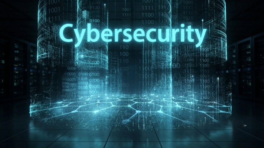 The word "Cybersecurity" is displayed in bold, glowing light-blue text across a cylindrical, semi-transparent digital curtain. The curtain and the floor below are filled with cascading columns of binary code and a glowing green hexagonal grid matrix inside a dark server room.