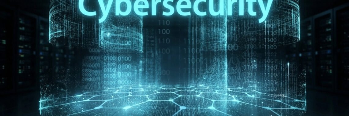 The word "Cybersecurity" is displayed in bold, glowing light-blue text across a cylindrical, semi-transparent digital curtain. The curtain and the floor below are filled with cascading columns of binary code and a glowing green hexagonal grid matrix inside a dark server room.