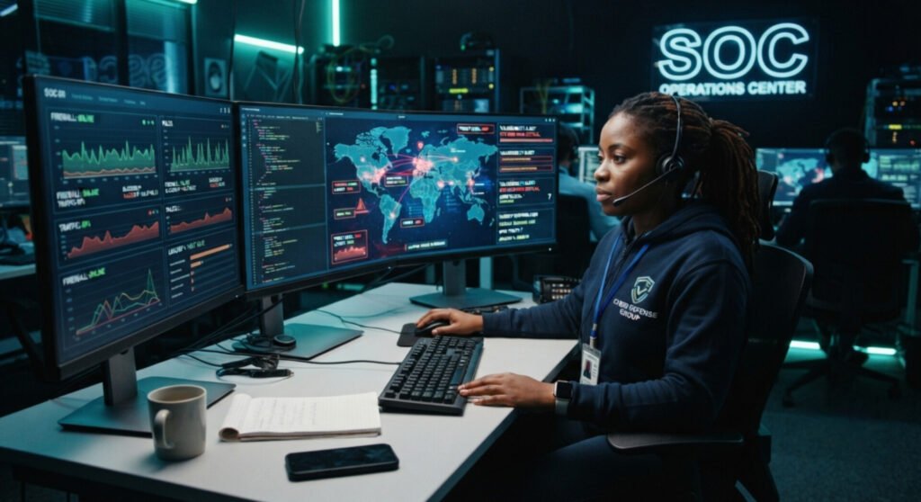 A Black female cybersecurity professional with her hair in a high ponytail wearing a headset and a dark blue hoodie sits at a high-tech workstation. She actively monitors a digital map of the world displaying global threat intelligence, live network data graphs, and code strings across multiple large computer screens. The room is a dimly lit security operations center featuring a prominent glowing neon sign on the back wall that reads "SOC OPERATIONS CENTER".