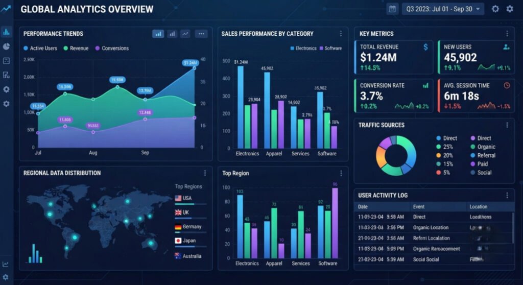 A digital dashboard interface titled "GLOBAL ANALYTICS OVERVIEW" displaying business performance metrics against a dark blue background. The dashboard includes sections for Performance Trends with multi-colored line graphs, Sales Performance by Category using side-by-side bar charts, Key Metrics indicating a total revenue of 1.24 million dollars and 45,902 new users, a pie chart for Traffic Sources, a world map highlighting Regional Data Distribution, a Top Region bar chart, and a User Activity Log.