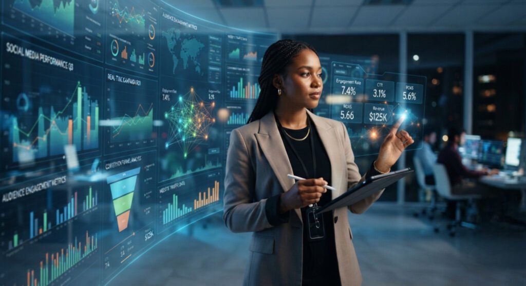 A Black female professional with braided hair, wearing a beige blazer, stands in a modern office at night. She holds a digital tablet and stylus while pointing at an interactive, glowing holographic data screen floating in front of her. The transparent display showcases marketing analytics, including bar graphs for social media performance, an audience engagement funnel, a world map, and key metrics like engagement rate, click-through rate, and revenue.