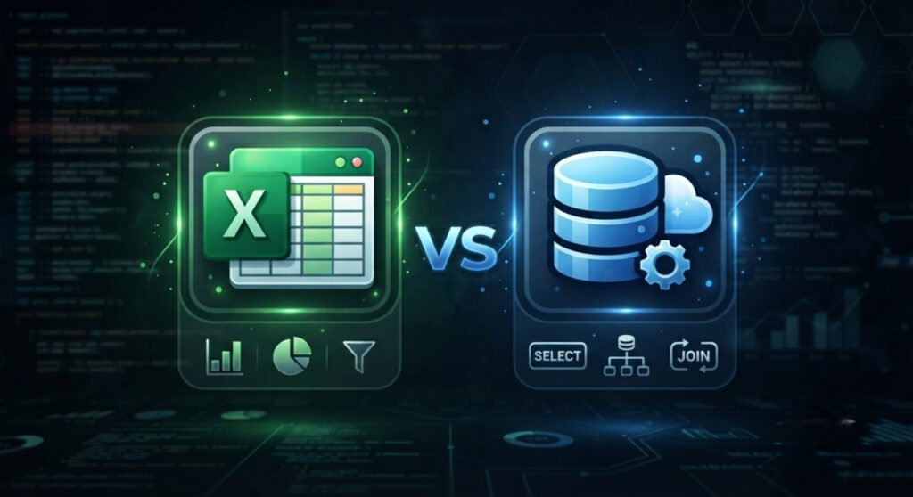 A dark, technical infographic illustrating a comparison between Excel and SQL. On the left, a glowing neon green icon shows the Microsoft Excel logo overlaid on a spreadsheet grid, with smaller sub-icons below representing charts, data visualization, and filtering. In the center, a stylized blue-and-white "VS" text separates the two sides. On the right, a glowing neon blue icon features a stacked database cylinder with a cloud and gear overlay, accompanied by sub-icons below representing SELECT, database relationships, and JOIN operations.