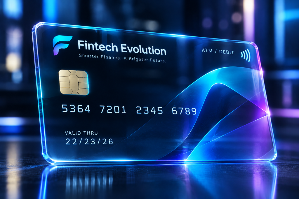 A futuristic, semi-transparent glass ATM or debit card standing upright on a reflective surface. The card features a blue stylized 'F' logo, the text 'Fintech Evolution: Smarter Finance. A Brighter Future.', a gold chip, the card number 5364 7201 2345 6789, a valid thru date of 22/23/26, and a contactless payment symbol against a glowing blue and purple wave background.