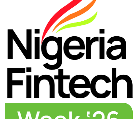 The official logo for 'Nigeria Fintech Week '26'. The text 'Nigeria Fintech' is written in a bold, black sans-serif font below a stylized graphic of three curved, wing-like strokes in red, orange, and lime green. Below the main text, the words 'Week '26' are written in white inside a bright green horizontal bar.