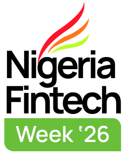The official logo for 'Nigeria Fintech Week '26'. The text 'Nigeria Fintech' is written in a bold, black sans-serif font below a stylized graphic of three curved, wing-like strokes in red, orange, and lime green. Below the main text, the words 'Week '26' are written in white inside a bright green horizontal bar.