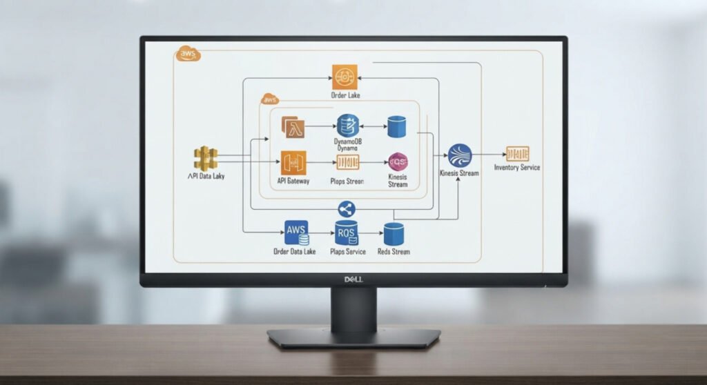 A black Dell computer monitor sitting on a wooden desk, displaying a complex cloud architecture diagram on its screen. The system diagram features orange, blue, and pink AWS components with labeled infrastructure icons including API Gateway, Kinesis Stream, DynamoDB, Order Data Lake, and connections leading to an external Inventory Service.