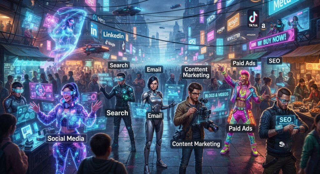 A bustling, cyberpunk-style futuristic city street crowded with people interacting with digital marketing concepts. The scene features multiple individuals with text overlays indicating marketing roles, including a woman in glowing armor labeled "Social Media," figures wearing VR headsets labeled "Search," a woman in a cybernetic suit labeled "Email," a photographer holding a camera labeled "Content Marketing," a person in vibrant pink neon attire labeled "Paid Ads," and a man looking at a smart-device labeled "SEO." The background is filled with glowing billboards, floating vehicles, and neon brand signs resembling major social media platforms.