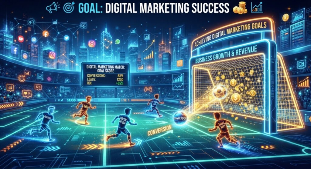 A futuristic, neon-lit digital illustration styled like a futuristic soccer stadium, symbolizing digital marketing success. Glowing holographic soccer players run across a high-tech field patterned with circuit boards. One player kicks a glowing ball labeled "Conversion" into a neon soccer net titled "Business Growth & Revenue" and "Achieving Digital Marketing Goals," bursting with golden coins. A massive floating stadium scoreboard displays stats like "Conversions: 85%", "Leads: 1200", and "ROI: +55%." The top of the image features a large banner reading "GOAL: DIGITAL MARKETING SUCCESS" alongside floating social media icons against a cybernetic city skyline.