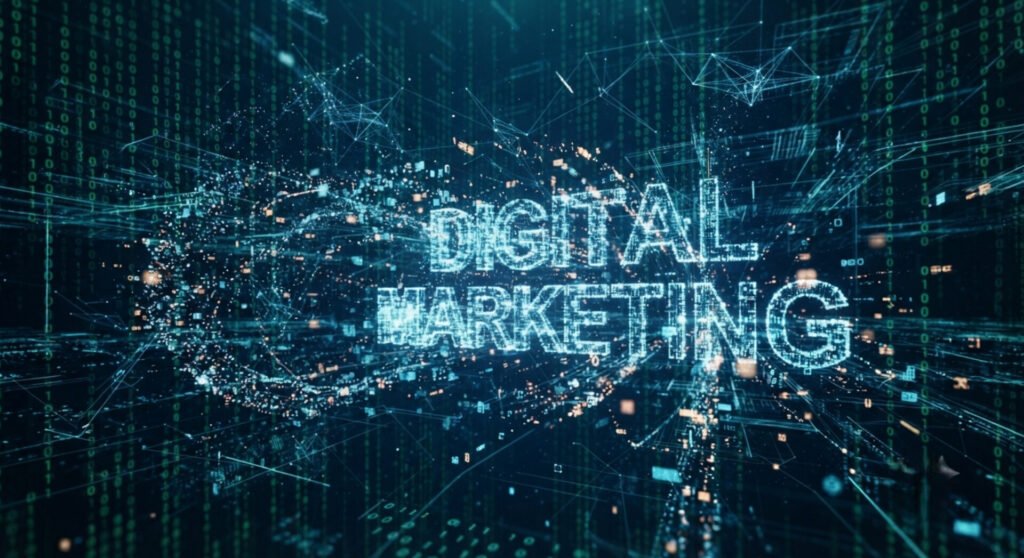 A dark, high-tech abstract digital background featuring the words "DIGITAL MARKETING" formed by glowing blue and white particles and data points. The text floats amidst a dense network of three-dimensional green matrix-style binary code, interconnected nodes, and glowing grid lines, creating a sense of cyberspace, big data, and advanced technology.