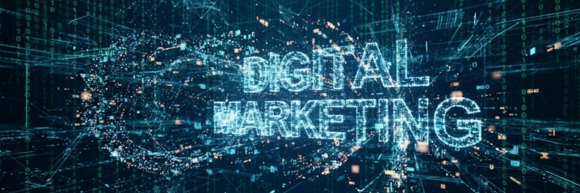 A dark, high-tech abstract digital background featuring the words "DIGITAL MARKETING" formed by glowing blue and white particles and data points. The text floats amidst a dense network of three-dimensional green matrix-style binary code, interconnected nodes, and glowing grid lines, creating a sense of cyberspace, big data, and advanced technology.