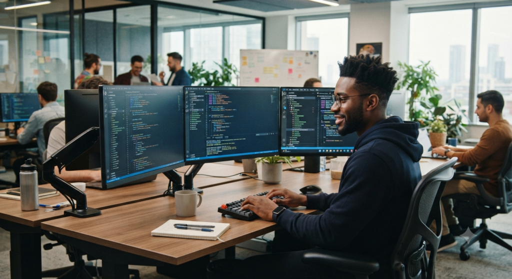A young Black male software developer with glasses and a navy blue hoodie sits at a wooden office desk, smiling while typing on a mechanical keyboard. He is working with a triple-monitor setup that displays lines of code with syntax highlighting. He is in a bright, open-plan tech office with large windows, potted plants, and other engineers working at their workstations in the background.