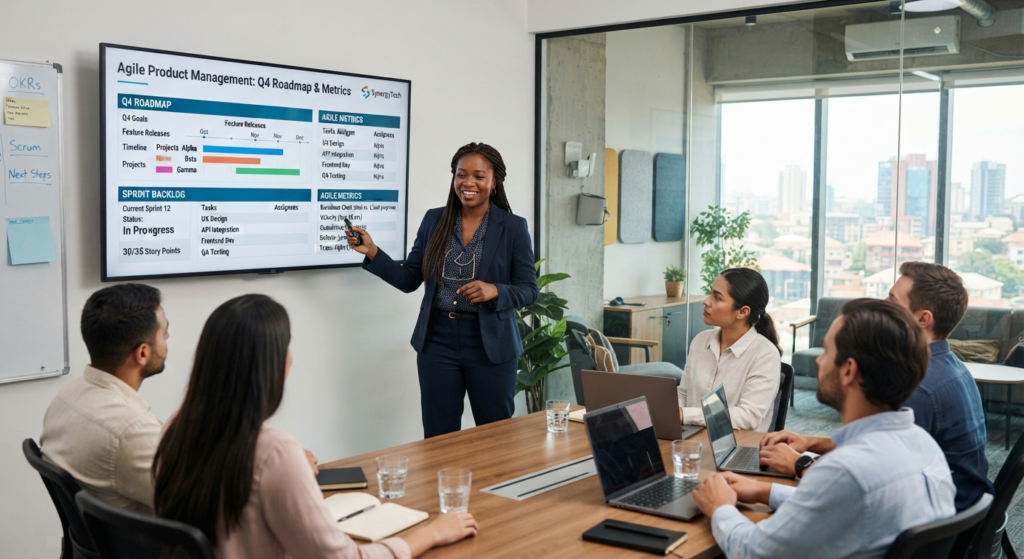 A Black female professional in a dark blue blazer stands in a bright, glass-walled conference room leading a corporate presentation. She smiles while pointing at a large wall-mounted monitor titled "Agile Product Management: Q4 Roadmap & Metrics," which displays gantt charts, a sprint backlog, and agile metric tables. Around a large wooden conference table, a diverse group of coworkers sits with laptops open, listening attentively. A whiteboard with sticky notes labeled OKRs, Scrum, and Next Steps hangs to the left.