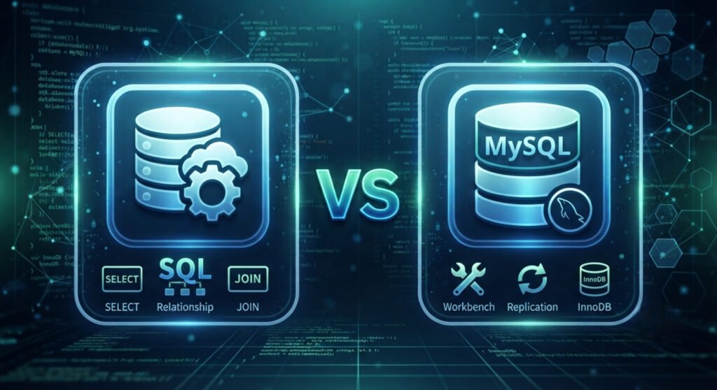 A technical, dark-themed infographic illustrating the comparison between SQL and MySQL. On the left, a neon blue square icon displays a database cylinder with a cloud and gear mechanism, representing SQL with sub-labels below for SELECT, relationships, and JOIN. In the center, a glowing blue-and-white "VS" separates the panels. On the right, a matching neon blue square icon displays a database cylinder explicitly labeled "MySQL" along with a small dolphin logo, accompanied by sub-icons below for Workbench, Replication, and InnoDB.