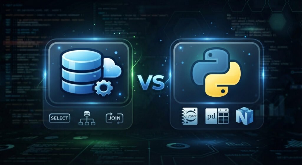 A dark, futuristic infographic comparing a Database with Python. The left panel features a glowing neon blue icon of a stacked database cylinder with a cloud and a gear, with sub-icons below for SELECT, table structures, and JOIN. A sharp blue-and-white "VS" sits in the center. The right panel displays the yellow and blue Python snake logo inside a matching square frame, with smaller sub-icons below representing data science tools: Jupyter Notebook, Pandas (pd), and NumPy.