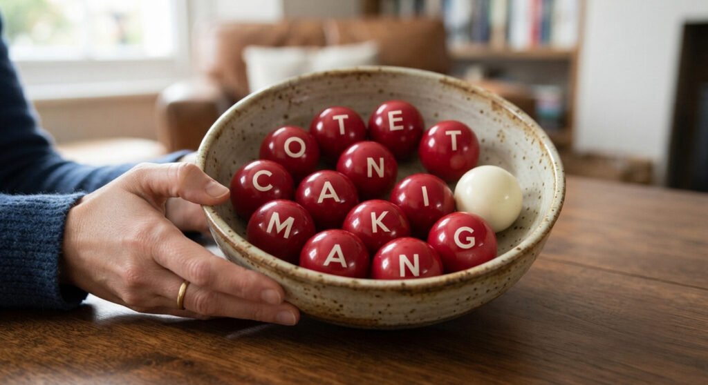 A close-up shot of a person’s hands holding a large ceramic bowl filled with red billiard-style balls on a wooden table. Each red ball is printed with a bold white capital letter, spelling out scrambled components of marketing terms, with a single white cue ball mixed in. The background shows a softly blurred, cozy living room setting.
