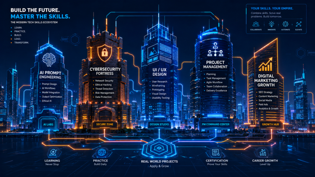 alt="A futuristic cyberpunk infographic titled "BUILD THE FUTURE. MASTER THE SKILLS." depicting five glowing neon towers that represent a modern tech ecosystem. From left to right, the illuminated skyscrapers break down five key digital skill paths: AI Prompt Engineering, Cybersecurity Fortress, UI/UX Design, Project Management, and Digital Marketing Growth. Each tower lists specific core competencies (such as wireframing, ethical hacking, and agile workflows) and is anchored to a base studio. Glowing digital circuitry lines along the bottom connect the towers to a five-step professional progression path: Learning, Practice, Real World Projects, Certification, and Career Growth. The overall design uses a high-contrast electric blue and amber color palette against a dark tech-city background."