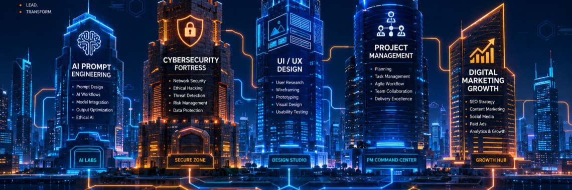 alt="A futuristic cyberpunk infographic titled "BUILD THE FUTURE. MASTER THE SKILLS." depicting five glowing neon towers that represent a modern tech ecosystem. From left to right, the illuminated skyscrapers break down five key digital skill paths: AI Prompt Engineering, Cybersecurity Fortress, UI/UX Design, Project Management, and Digital Marketing Growth. Each tower lists specific core competencies (such as wireframing, ethical hacking, and agile workflows) and is anchored to a base studio. Glowing digital circuitry lines along the bottom connect the towers to a five-step professional progression path: Learning, Practice, Real World Projects, Certification, and Career Growth. The overall design uses a high-contrast electric blue and amber color palette against a dark tech-city background."