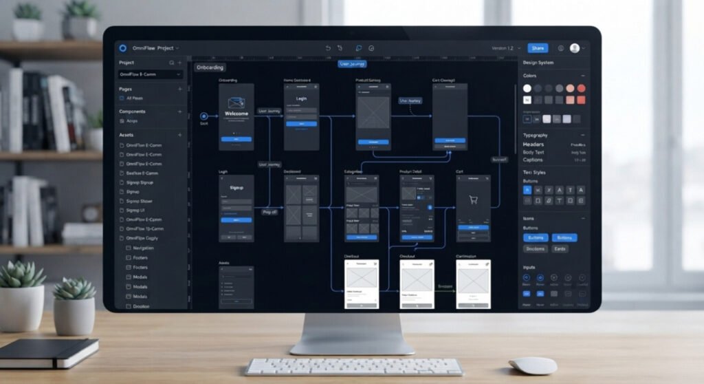 A desktop computer monitor resting on a wooden desk, displaying a UI/UX design software interface with a dark theme. The screen showcases an interactive user flow chart and mobile application wireframes connected by lines mapping a user journey. The left sidebar shows layer navigation panels, while the right side panel displays a Design System UI kit with typography style menus, color palettes, and interactive button assets.