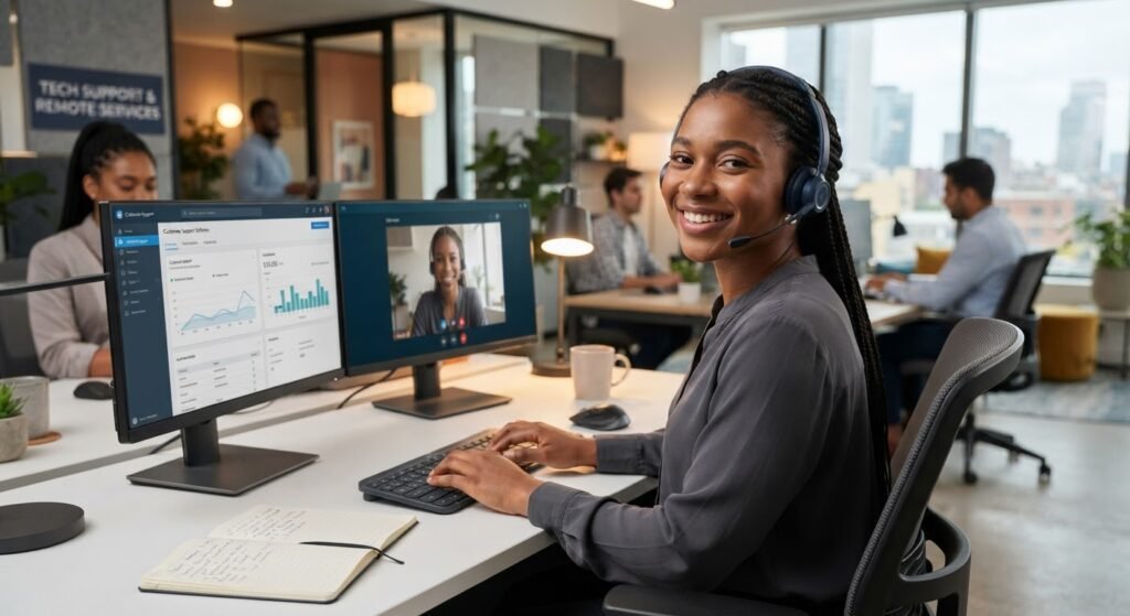 A young Black woman with braided hair wearing a dark grey shirt and a professional headset sits at a white office desk, turning to smile at the camera. Her dual-monitor setup displays a customer support dashboard with line graphs and a live video call with a colleague. She has her hands on the keyboard, with an open notebook nearby. In the bright, open-plan office background, other coworkers are working at their desks, and a blurred sign reads "Tech Support & Remote Services."
